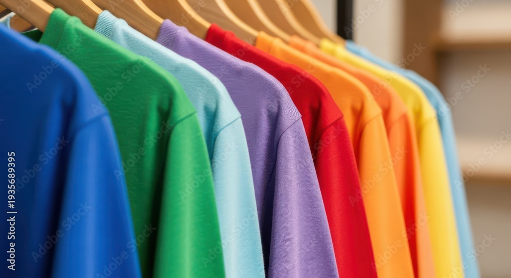 Fototapeta premium Colorful shirts on hangers in a row