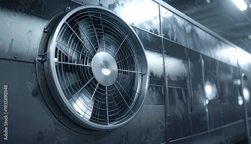 Industrial fan installed on a metallic wall in a modern facility with reflections and overhead lighting