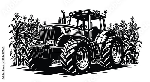 Agricultural tractor vector illustration with detailed farming machinery and corn fields