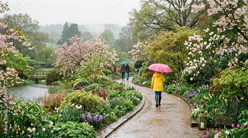 People strolling on a paved path in a lush botanical garden on a rainy day, creating a peaceful and serene environment. 