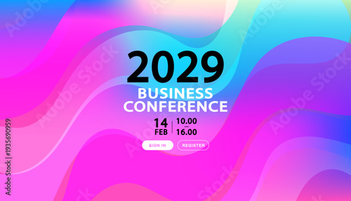 Vibrant abstract fluid wave background for business conference or corporate event. Creative colorful gradient design with sign in and register buttons for seminar workshop and professional meeting