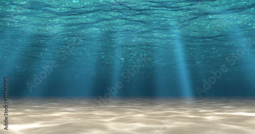 Abstract under sea background, white sand with sun ray for your design. Digital generating image. 3D illustration.