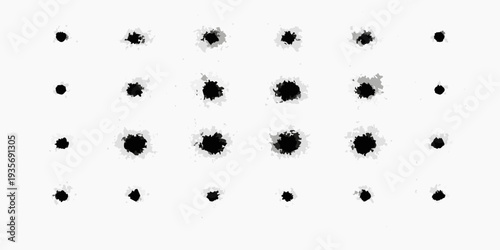 Multiple bullet holes scattered across a plain white background