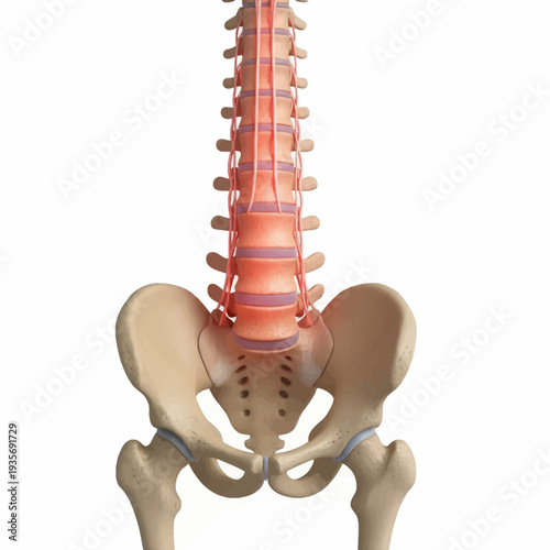 Detailed 3D realistic render of the human lumbar spine and pelvic bones, showcasing anatomical structure with intervertebral discs and ligaments highlighted for medical study