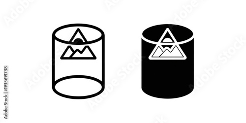 Two cylindrical containers with distinct triangular symbols on their surfaces. Vector