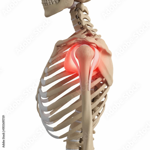 Detailed 3D illustration of a painful human shoulder joint, highlighted in red, signifying medical conditions like inflammation, injury, or arthritis in the skeletal anatomy