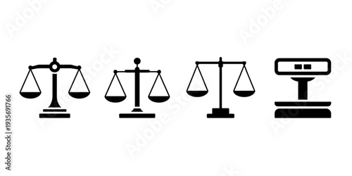 Four different symbols representing scales of justice and a gavel Vector