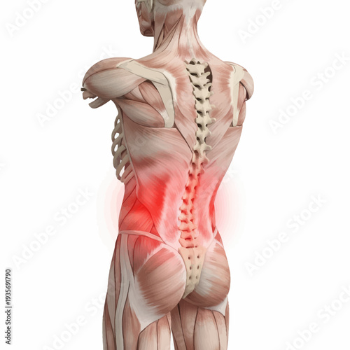 Detailed 3D medical illustration of the human back, highlighting the lumbar region with red areas indicating pain or inflammation in the spine and muscles