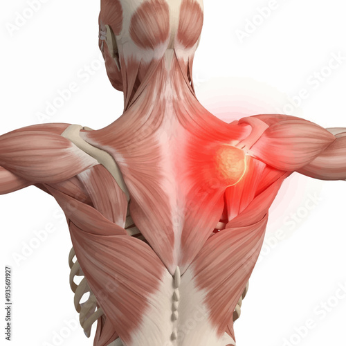 3D illustration of shoulder pain and muscle strain on a human anatomy model, highlighting discomfort