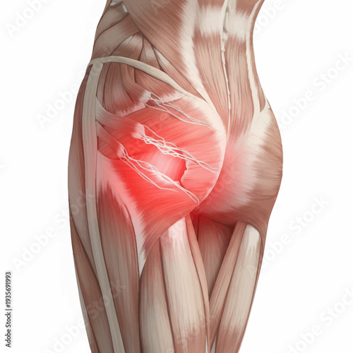 3D realistic render of lower back pain and muscle strain, highlighting gluteal region inflammation and discomfort