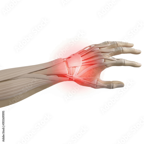 3D realistic medical render of a hand with painful inflammation in the wrist joint