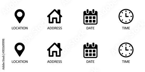 Icons representing location, address, date, and time for event planning and scheduling Vector