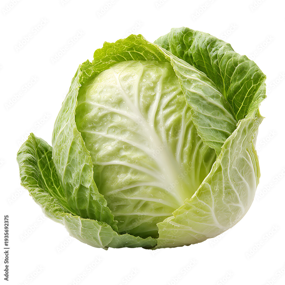 Fototapeta premium Fresh green cabbage head centered on a neutral background from a front viewpoint