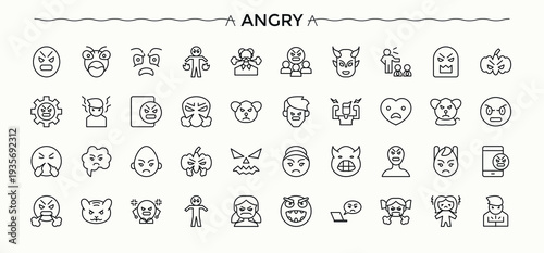 Angry icon set. Angry icon set. Includes thin line symbols anger, reaction, attack, aggression, offensive and more.