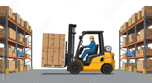 Warehouse Worker Operating Forklift Truck.