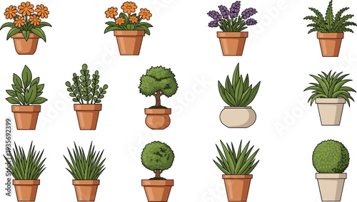 Decorative Potted Houseplants Collection with Flowers Lavender Bonsai and Green Foliage Indoor Plants Flat Vector Botanical Illustration for Home Garden Design.