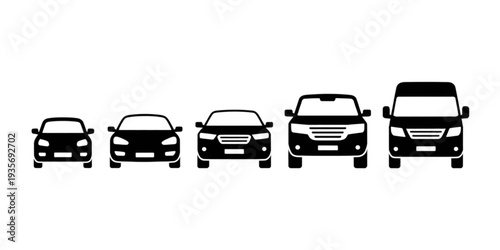 A lineup of five different cars showcasing varying sizes and styles. Vector