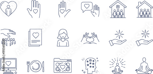 Wellness and mental health line icons, community support symbols, self‑care elements, meditation resources, healthcare design tools, vector collection