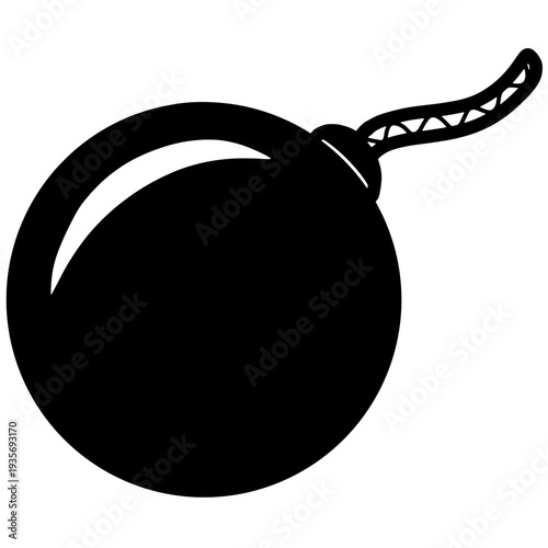 Illustrasi of a classic round bomb with burning fuse in black and white minimal style. Simple flat design symbol representing danger, explosion, risk, warning and explosive concept.
