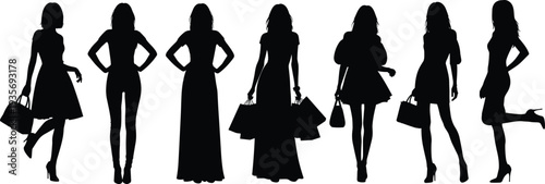 Fashion silhouettes, stylish women, shopping poses, trendy outfits, dresses, skirts, high heels, handbags, retail design, modern lifestyle, vector art