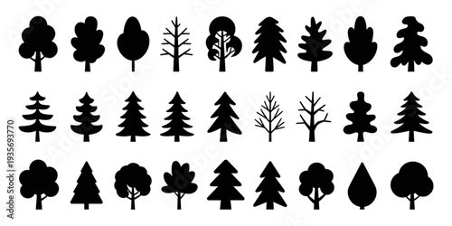 A diverse collection of various tree and plant silhouettes arranged in a grid pattern Vector