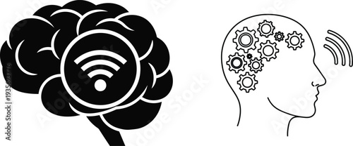 Brain with wifi signal and human head with gears