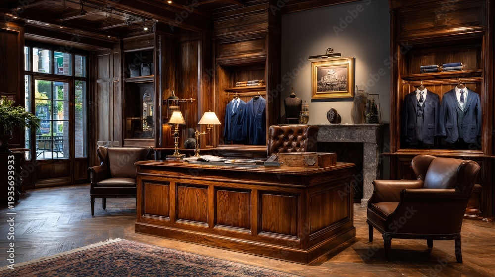 Fototapeta premium Luxury Bespoke Tailor Shop Interior with Classic Wood Desk