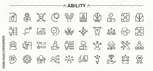 Ability vector line icon set. Collection of simple line web icons. Knowledge vector line icon set. Contains related to knowledge, creativity, skill, communication and more.