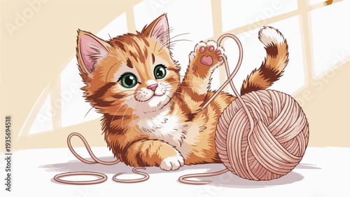 Adorable orange kitten playing with ball of yarn on white table by window with natural light