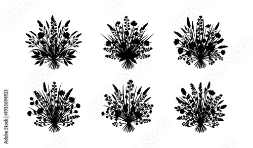 Round Floral Bouquet Silhouette Collection with Wild Meadow Flowers and Botanical Leaves Vector