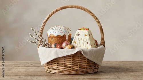 Easter basket with traditional kulich and cottage cheese paskha, painted eggs and pussy willow branches on wooden table. Minimal background, soft natural light, copy space
