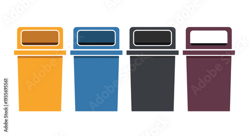Set of four colorful recycling bins in yellow blue black and purple for sorted waste management and environmental protection.