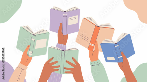 Hands holding up open books in various colors symbolizing learning and education