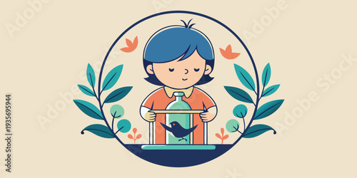 A young girl gently holds a bottle with a bird inside surrounded by nature