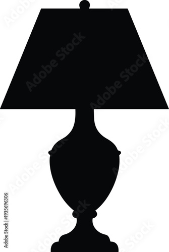 Traditional table lamp silhouette with wide conical shade and decorative curvy base, perfect for catalog, branding, interior decor, and illustration