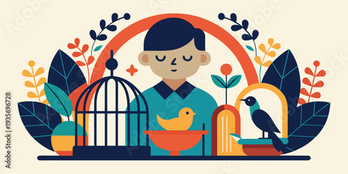 A young boy surrounded by birds plants and a decorative cage