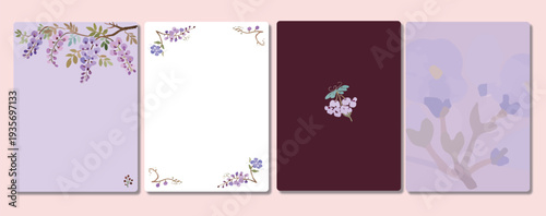 A series of exquisite wisteria spring elements, including poster backgrounds, invitation cards, letter paper, and invitations