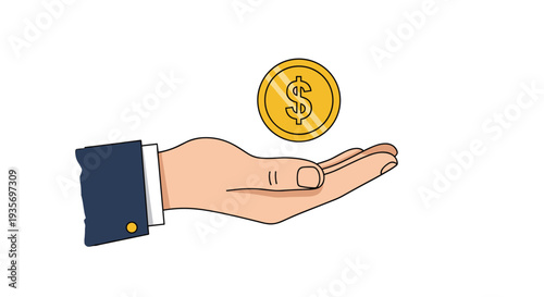 Human hand in a suit sleeve holding a large gold dollar coin representing wealth finance investment and success concepts.