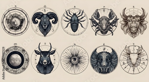 A collection of zodiac signs and astrological symbols in black and white