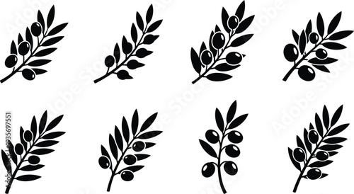 Olive branch icon set various black silhouette styles for design