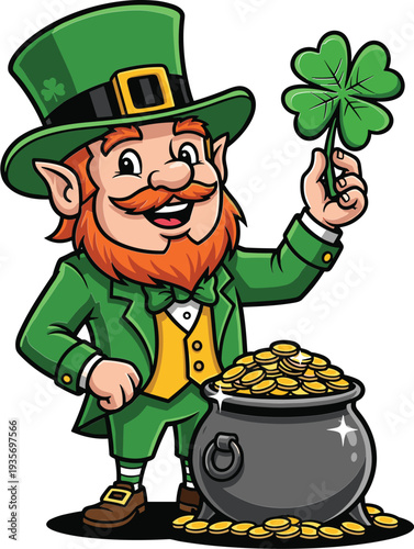 Leprechaun holding shamrock and gold coins in pot
