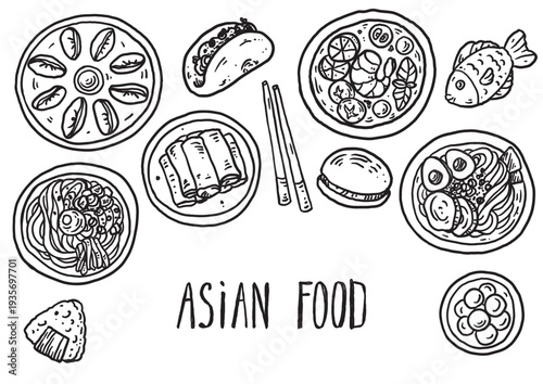Hand drawn asian food sketch . Whimsical food and drink doodles set. Hand drawn vector illustration for menu, packaging design. Asian cuisine quirky icons, simple sketch style. Minimalist line art