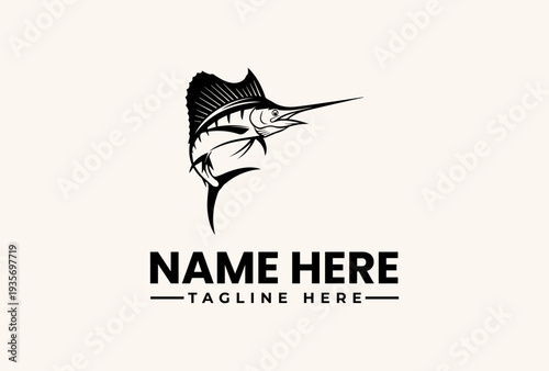 A black and white illustration of a marlin fish logo with a placeholder name and tagline on a clean background.