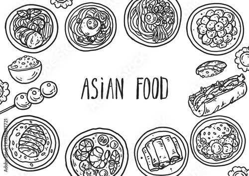 Hand drawn asian food sketch . Whimsical food and drink doodles set. Hand drawn vector illustration for menu, packaging design. Asian cuisine quirky icons, simple sketch style. Minimalist line art