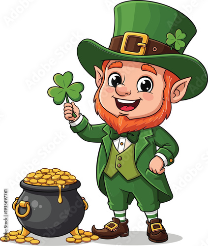 Happy leprechaun holding shamrock with pot of gold