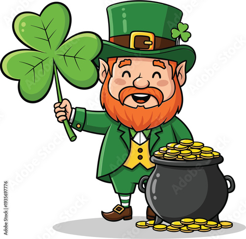 Leprechaun holding shamrock standing next to pot of gold coins on St Patricks Day