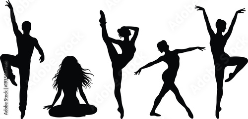 Collection of ballet and contemporary dance silhouettes featuring graceful male and female dancers in dynamic poses, elegant movement figures isolated for artistic design