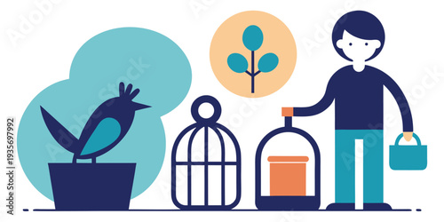 A person tending to a bird cage and potted plant in a minimalist style