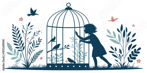A young girl reaches toward an open birdcage surrounded by nature