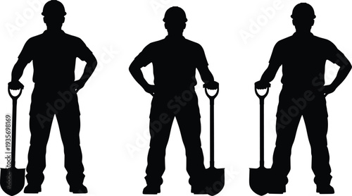 Construction worker silhouettes, shovel holding, hard hat safety, teamwork stance, confident posture, occupational safety, industrial site, labor illustration artwork design